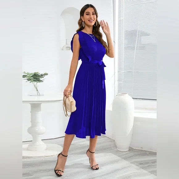 boutique | Dresses | Royal Blue Tied Round Neck Pleated Midi Dress |  Poshmark